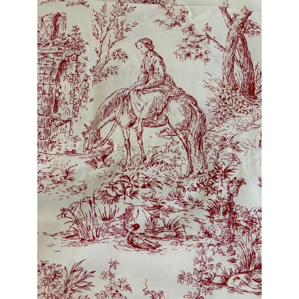 Vintage Red Toile Valance Set of 3 French Country Scenic Cotton Window Treatment